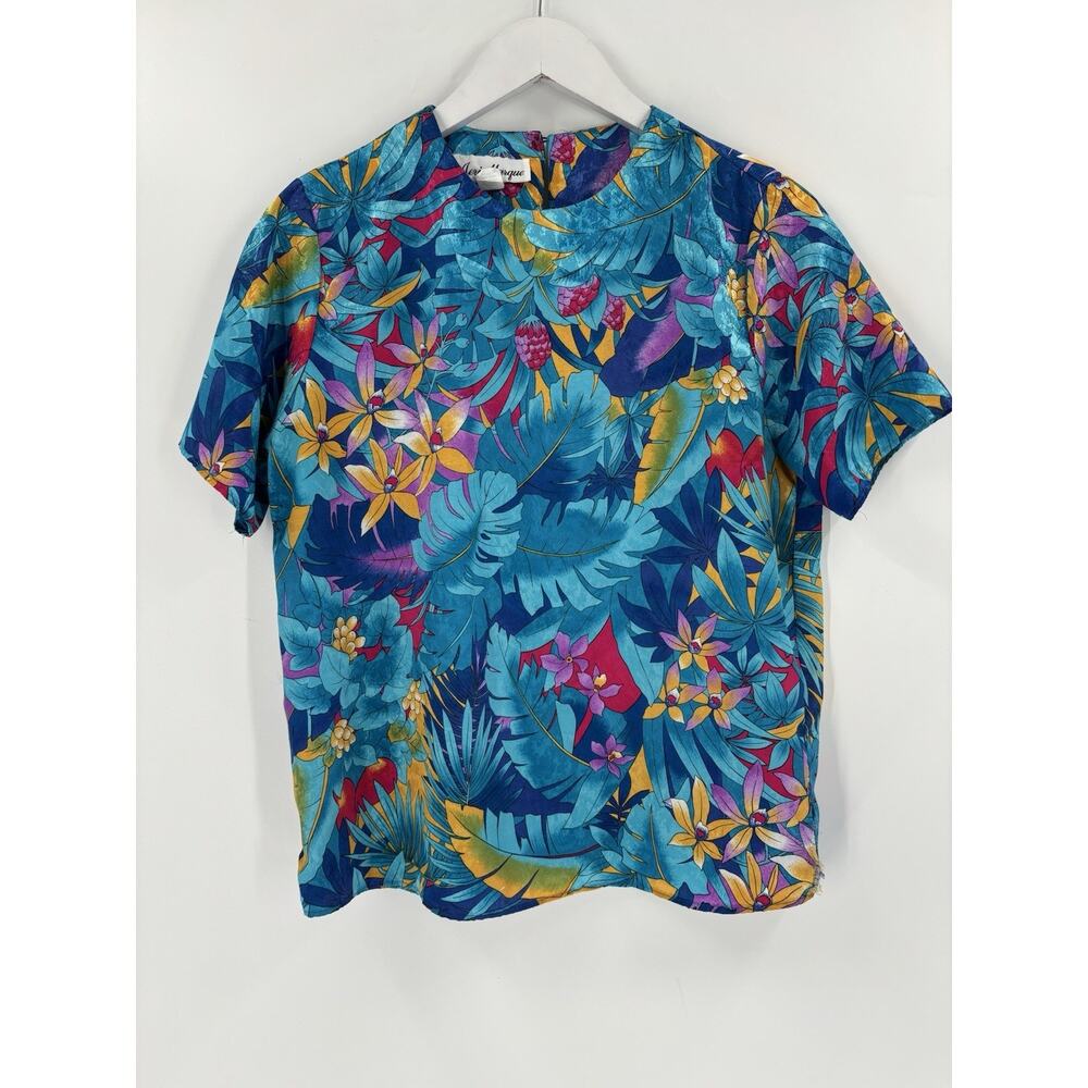 Jeri Marque Blouse Womens 8 Blue Tropical Satin Keyhole Button Short Sleeves